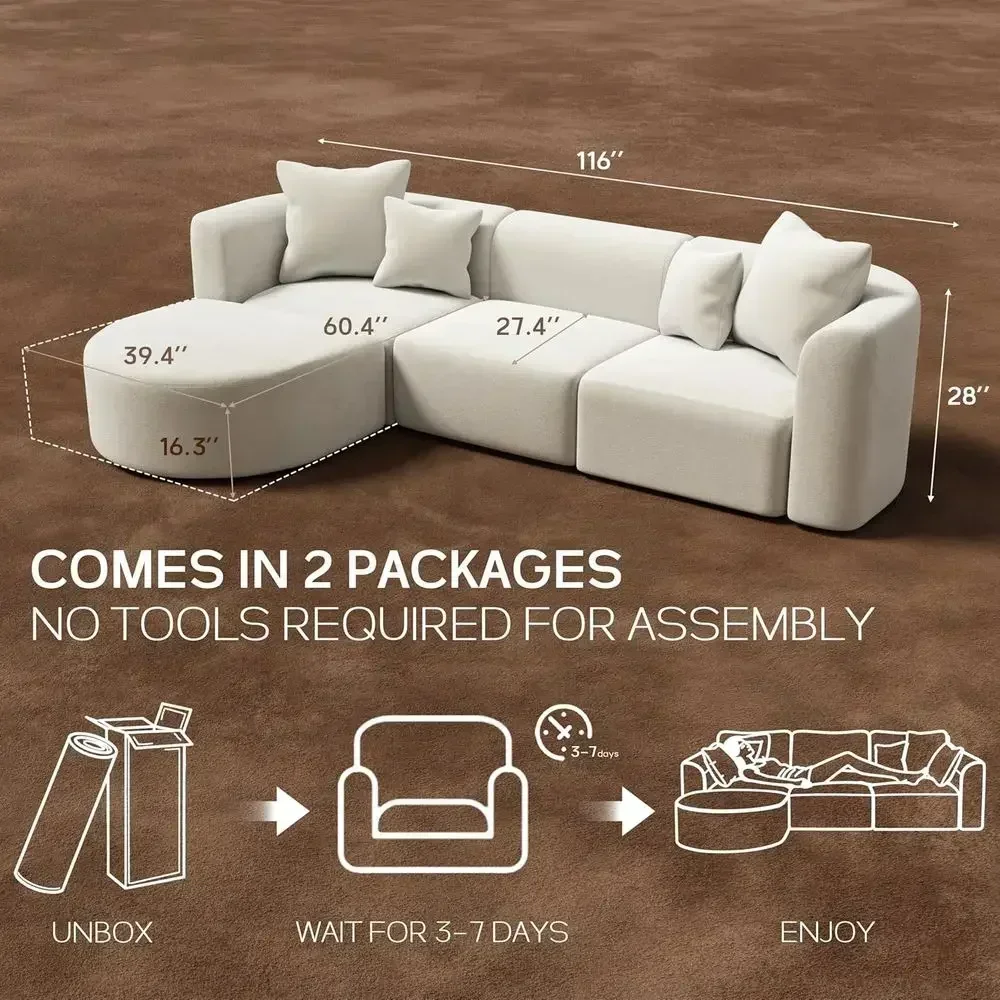 Luxury Curved Back Sofa, Minimalist 4-Seat Oversized L-Shape Couch with Ottoman, Comfortable for Living Room or Studio, Beige