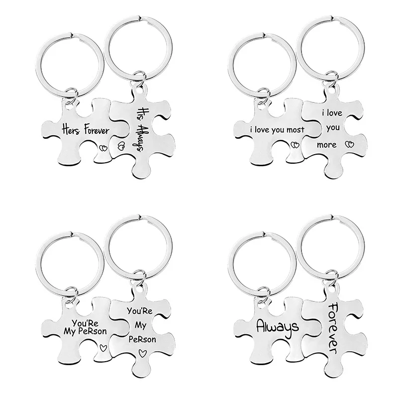 2Pcs/Set Letters Engraved Stainless Steel Keychains Couples Key Ring Puzzle Pendant Jewelry Gift For Valentine\'s Day