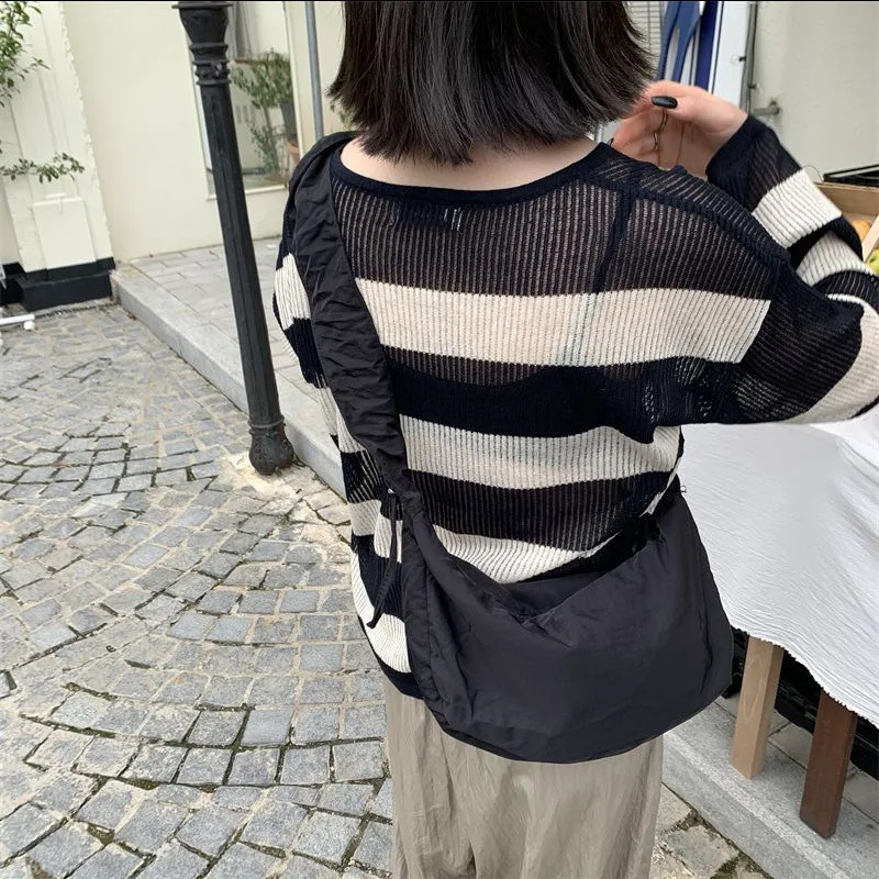 Nylon Pleated Drawstring Shoulder Bag For Women Canvas Hobo Crossbody Bags Ladies Casual Travel Purse Girls School Messenger Bag