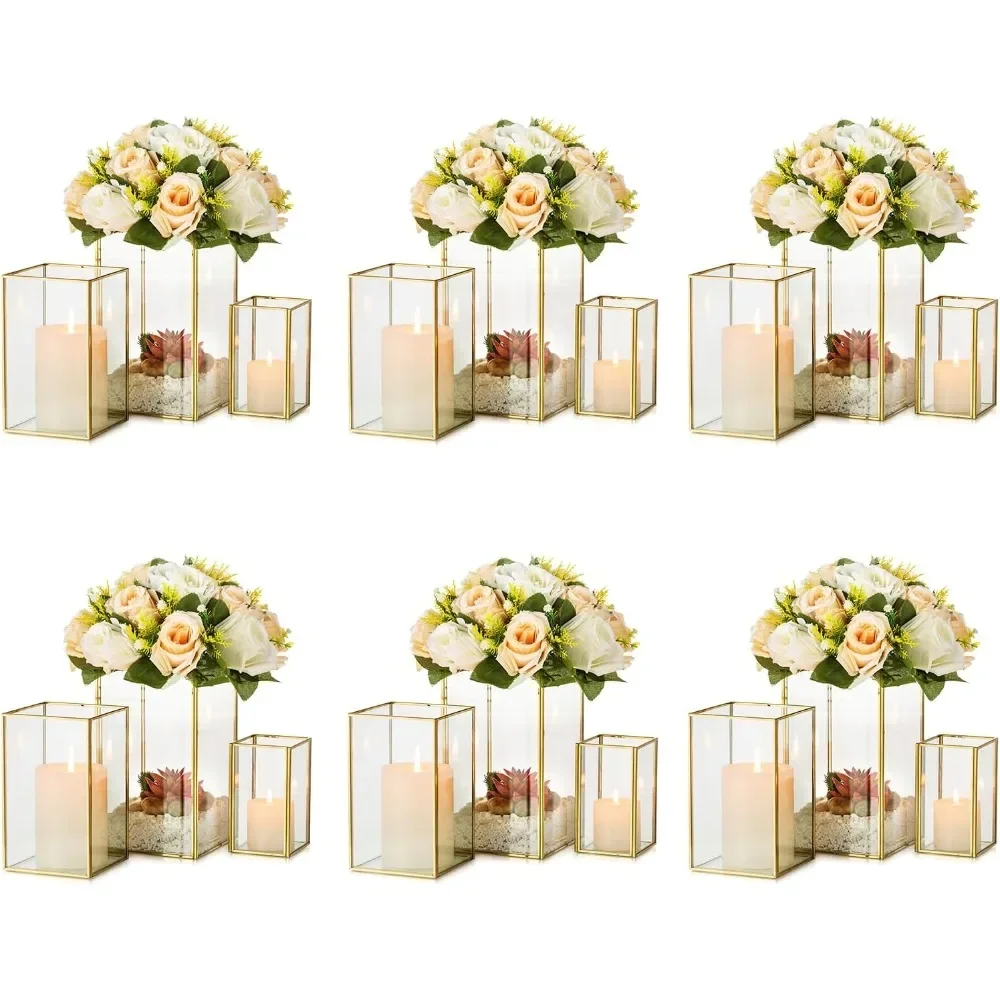 

18pcs Gold Glass Hurricane Candle Holder Rectangle Flower Holders Centerpiece for Table,Tall Floor Square Pillar Candle Lantern