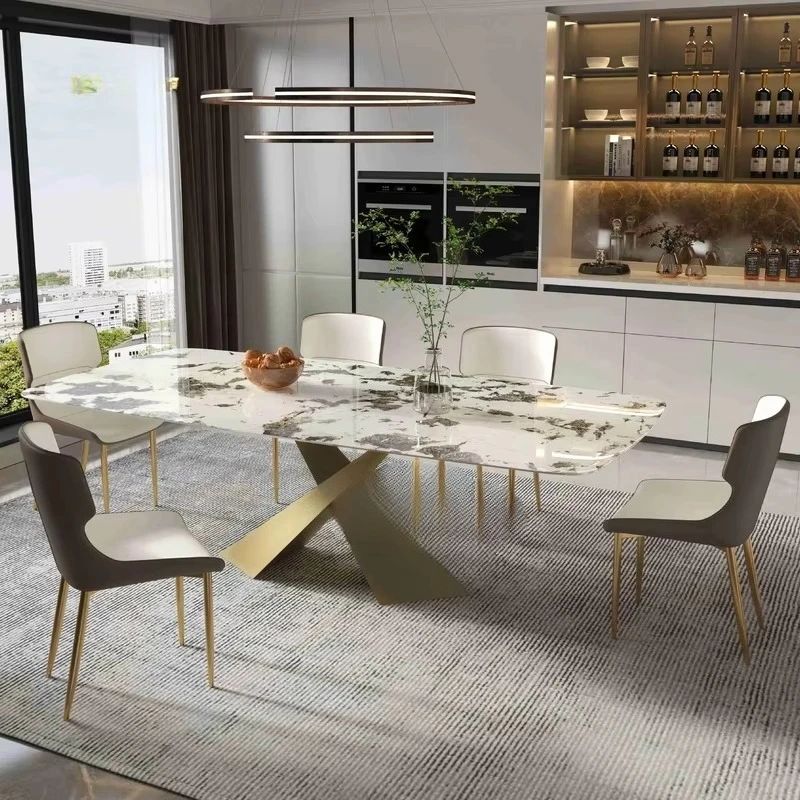 Rectangular Dinning Table Modern Luxury Metal Brass Leg Dining Table White Sintered Stone Dining Table