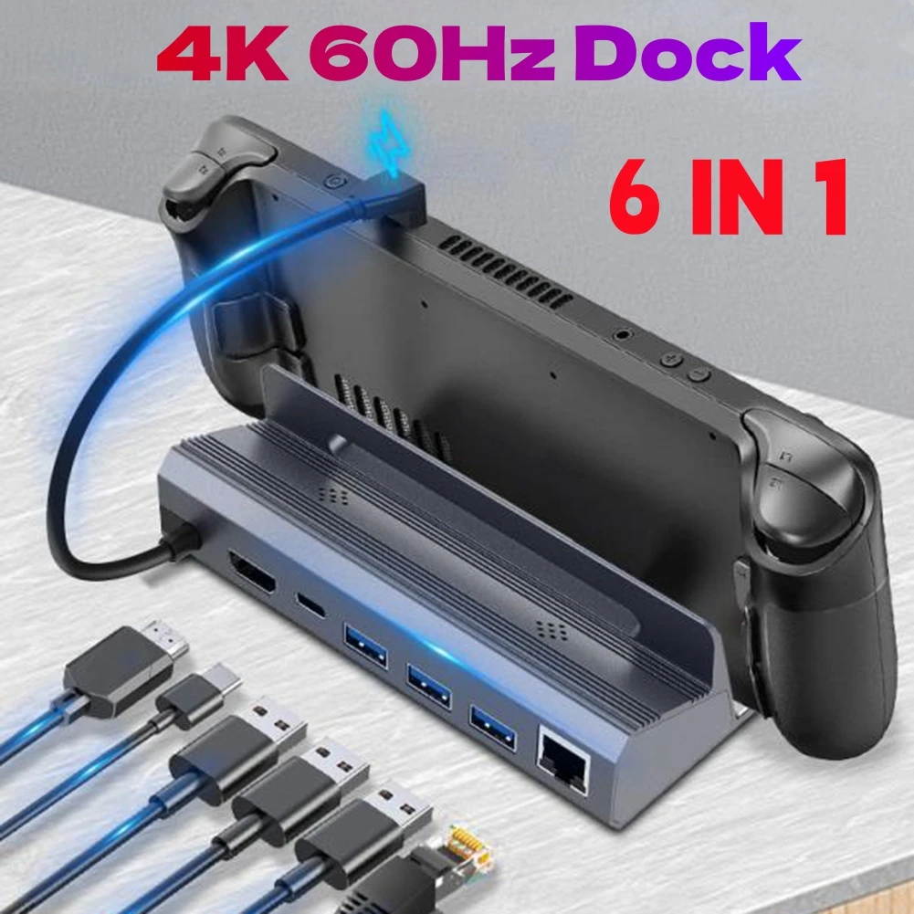 

6 in 1 Steam Deck Docking Station TV Base Stand USB 3.0 Type C HDMI-Compatible 4K@60Hz RJ45 1000Mbps PD 100W Hub Holder Dock