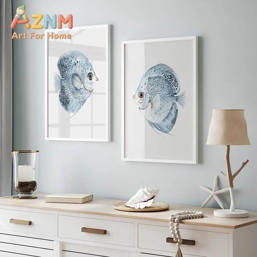 1pc frameless Blue Discus Fish Abstract Posters Canvas Painting Print Room Home Office Cafe Hotel Restaurant Room Wall Decor
