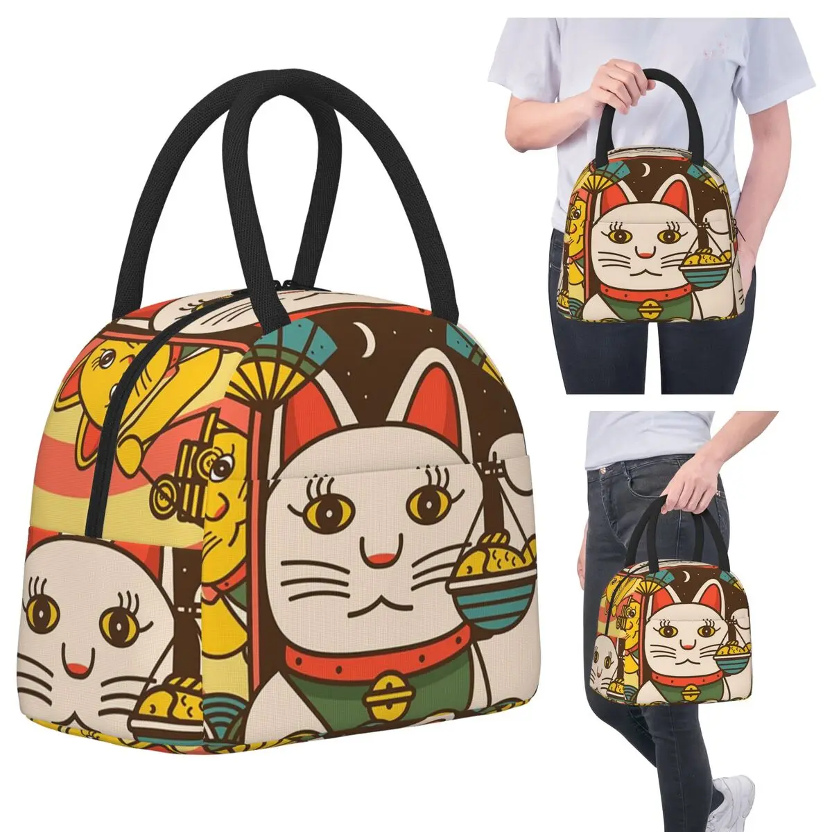 

Maneki Neko Lucky Fortune Cat Insulated Lunch Bag for Women Office Cooler Thermal Food Box Tote Portable Lunch Boxes Container