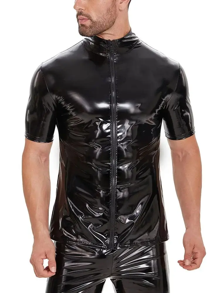 New Shiny Faux PU Leather Jackets Short Sleeve T Shirt Wet Look PVC Tshirt Tights Sexy Bodybuilding Hot Shapers Muscle Tops
