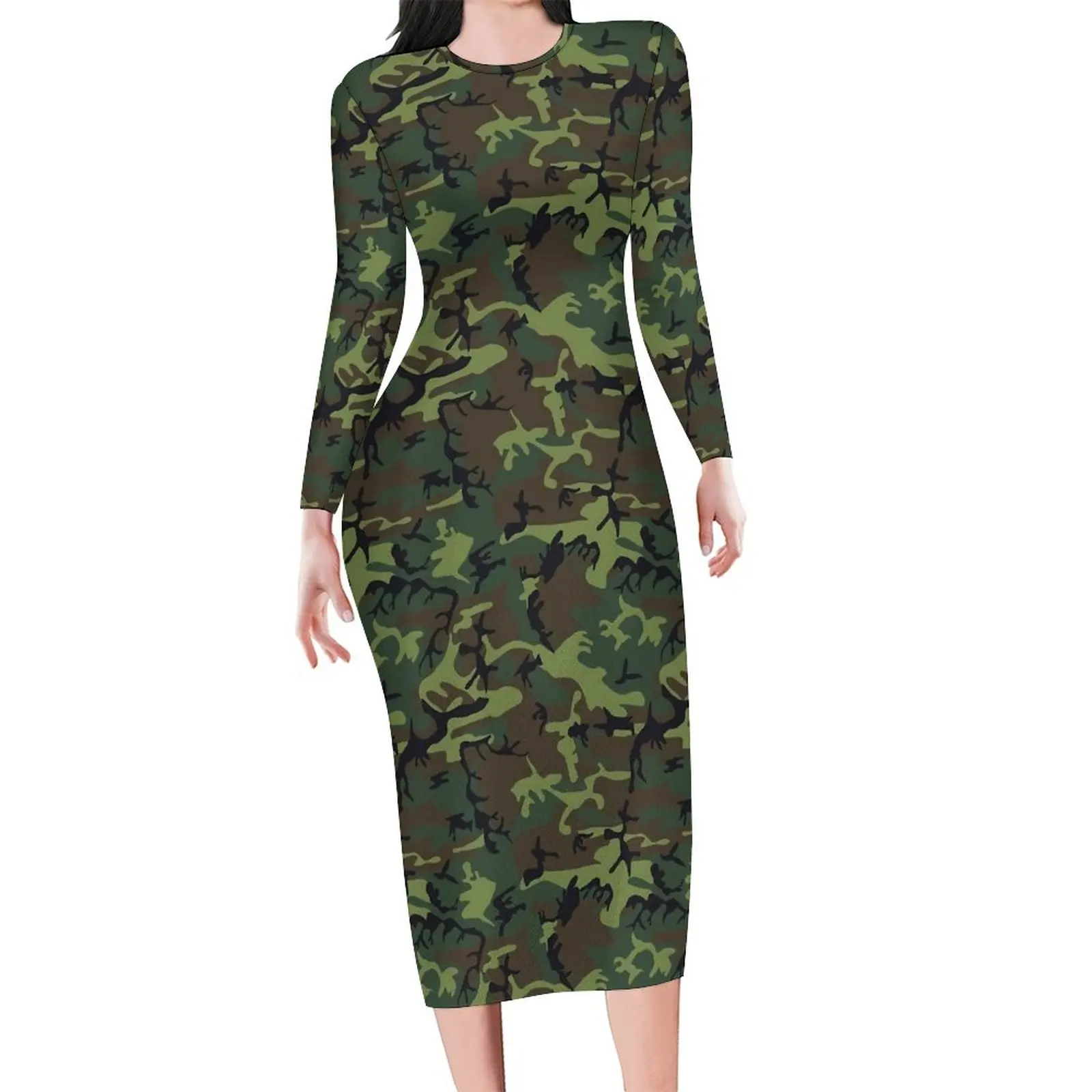 Military Camo Dress Women Green Camouflage Aesthetic Bodycon Dress Autumn Long Sleeve Retro Dresses Graphic Oversized Vestidos