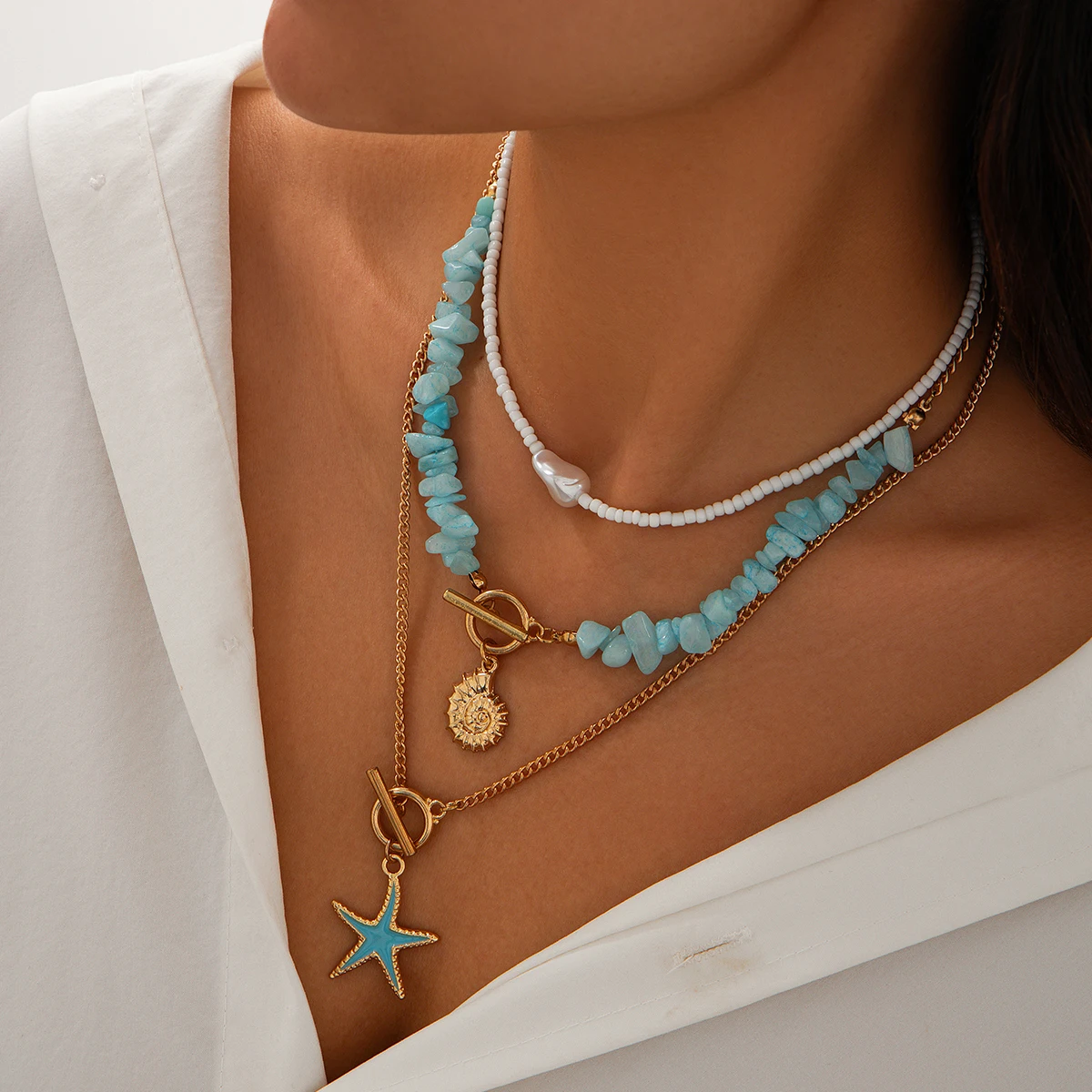 IngeSight.Z 3pcs/set Bohemian Conch Starfish Pendant Necklace for Women Trendy Rice Bead Link Chain Necklace Set Jewelry