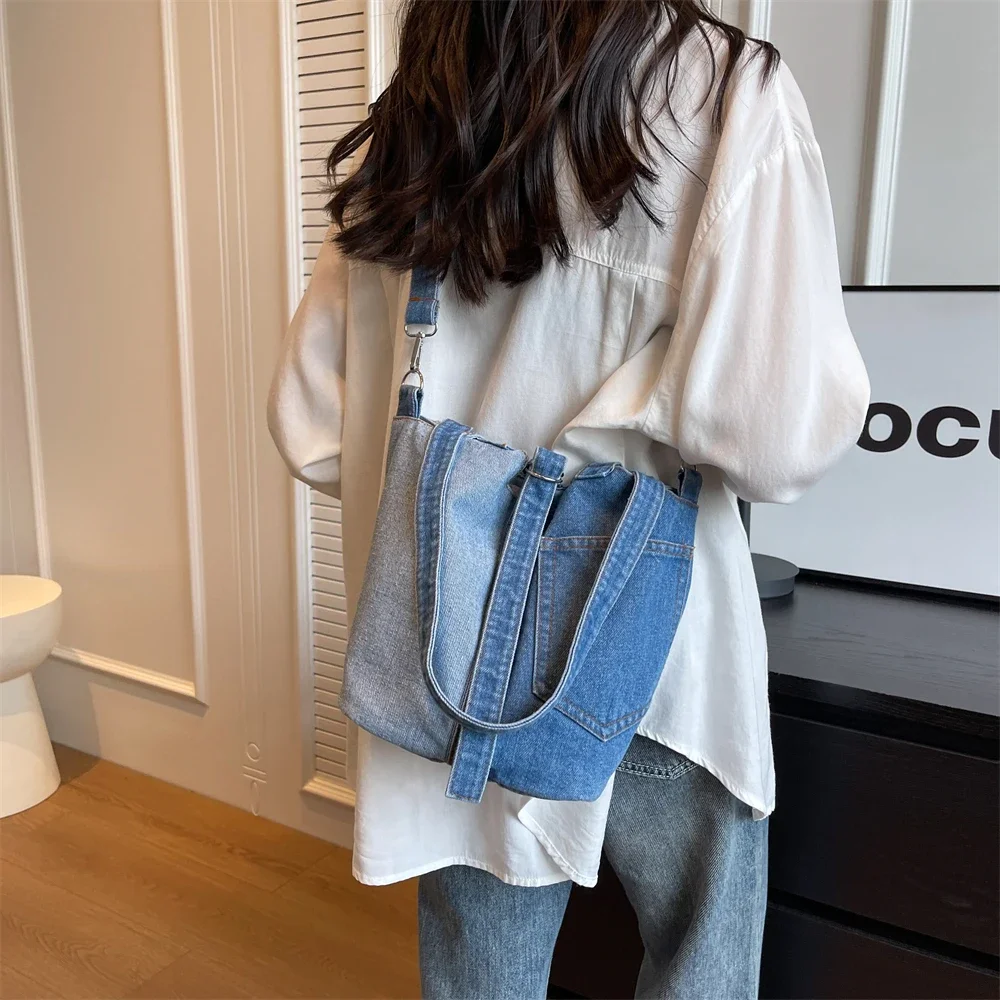 

Washed Denim Fabric Shoulder Bucket Bags For Women 2024 Designer Handbags Colorblock Patchwork Crossbody Bag Large Capacity Tote