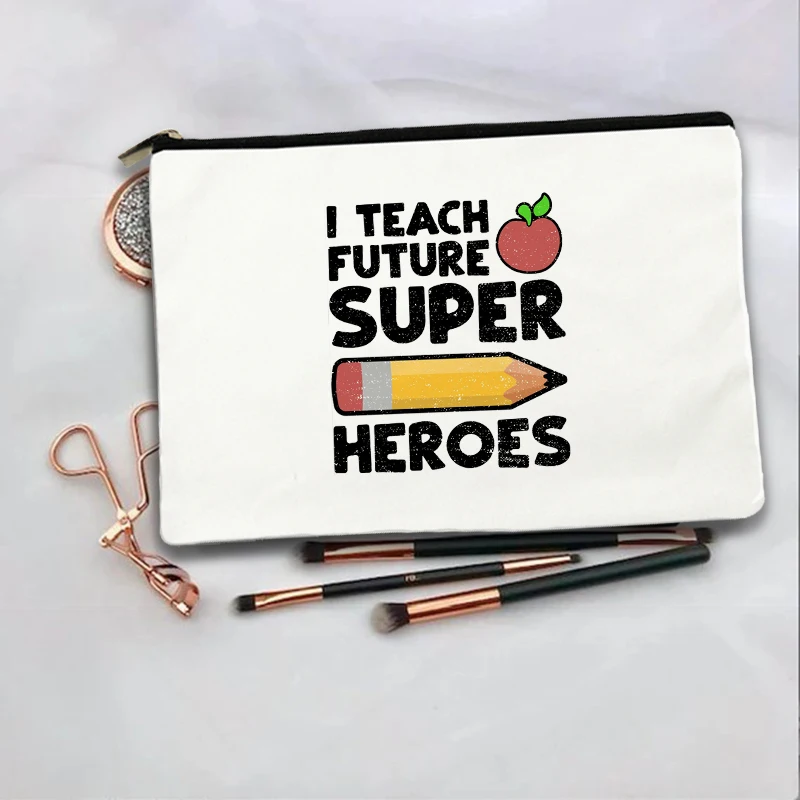 Teacher Change The World Print Cosmetic Bag Zipper Pouch  Women Neceser Makeup Bags White Travel Toiletry Organizer Teacher Gift