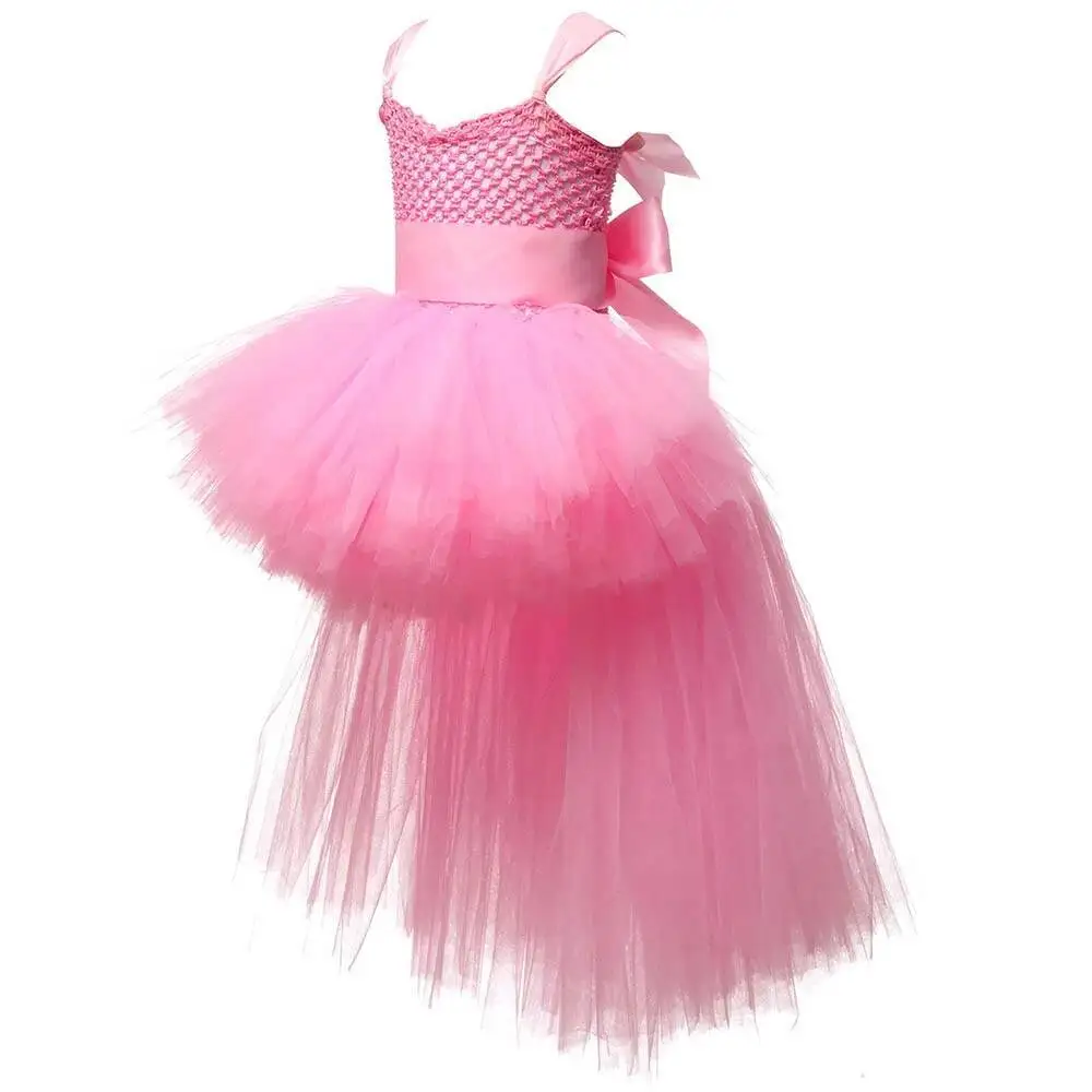 Girls V-neck High Low Tutu Dress Solid Color Fluffy Trailing Princess Dresses Kids Carnival Halloween Costumes with Long Train