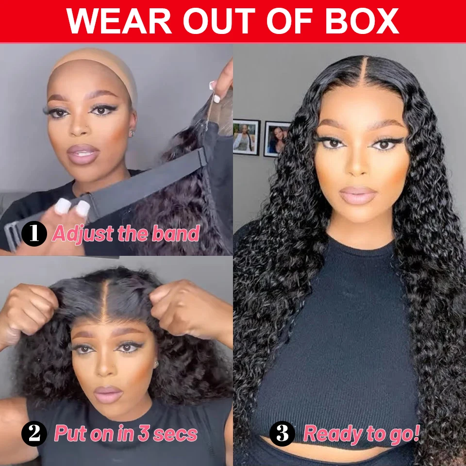 Pre Cut Deep Wave Glueless Wig Human Hair Ready To Wear Preplucked Curly Human Hair Wigs For Women 13x6 HD Lace Frontal Wig 250% image 4