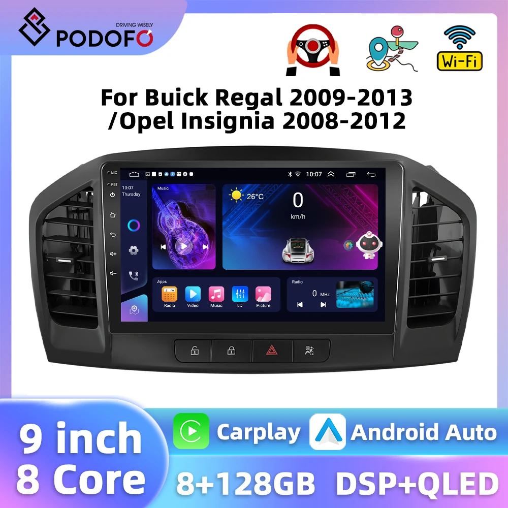 Podofo GPS Carplay Car Radio For Buick Regal 2009-2013/Opel Insignia 2008-2012 2Din Multimedia Player 8Core Android Auto WIFI