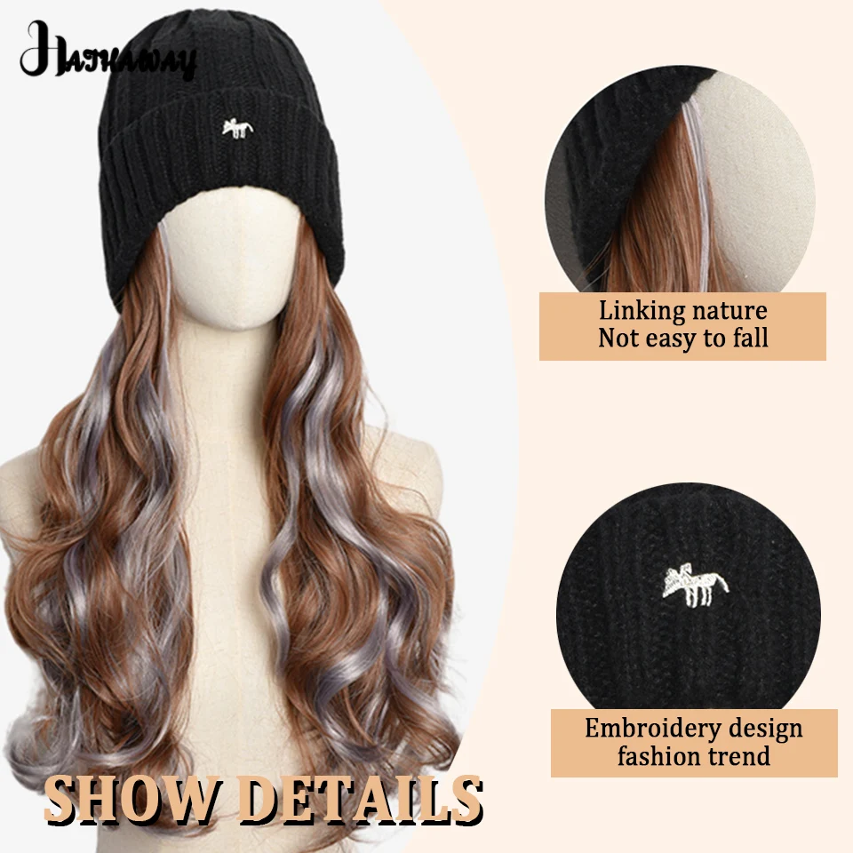 Chapéus sintéticos peruca moda feminina chapéus de malha no outono e inverno destaques longo cabelo encaracolado peruca de lã chapéus cabeça cheia peruca chapéu