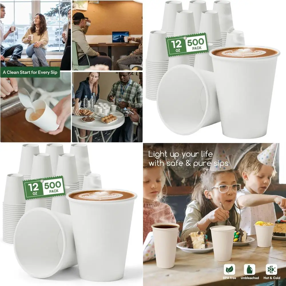 

12 oz Disposable White Paper Coffee Cups, 500 Pack, BPA Free, Leak Proof, 300GSM Thick, Unbleached for Hot & Cold Drinks, Ideal