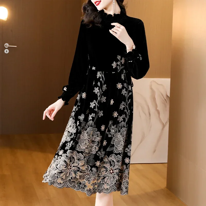 Women Luxury Elegant Festival Party Evening Dress Autumn Winter Black Velvet Long Sleeve Loose Dress 2024 Korean Vintage Dresses