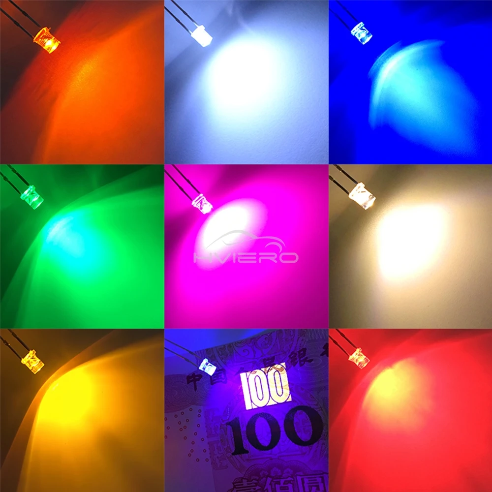 3mm 2pins 100Pcs F3 Flat White Red Yellow Blue Green Pink Diode Led Wide Angle Light Emitting Diodes Lamp Ultra Bright LED Bulbs