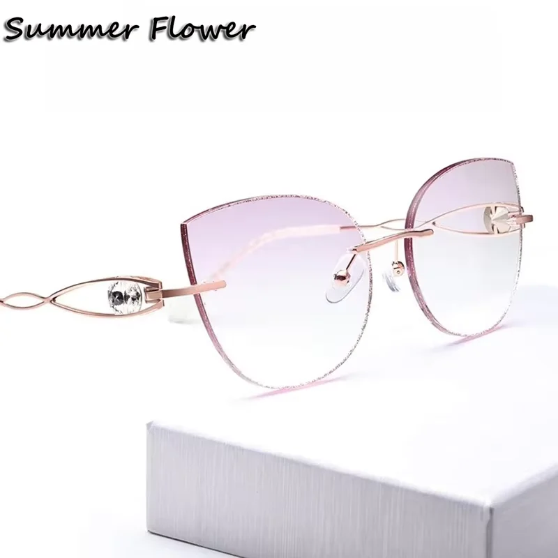 

Glitter Edge Prescription Glasses Women Titanium Cat Eye Eyeglasses Round Diamond Trim Rimless Eyewear for Tint Color Recipe