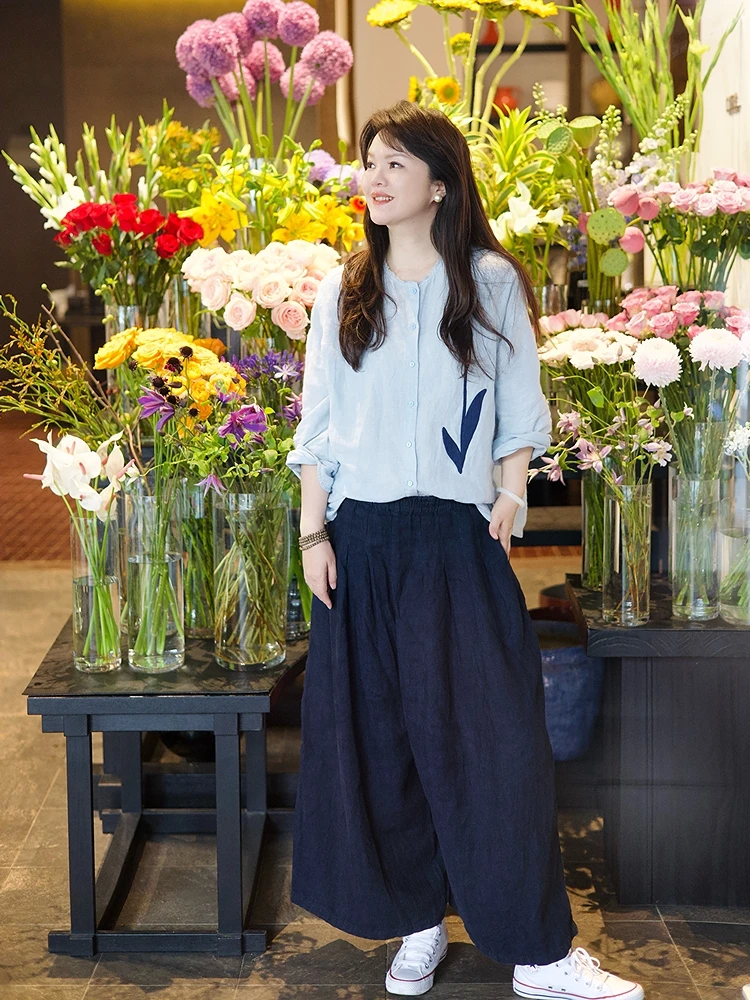 Dopamine Series Blooming 444 Tulip Patchwork Long Sleeve Blue Shirt Hanflax Yarn Dyed Enzyme Wash Casual Women's Shirt