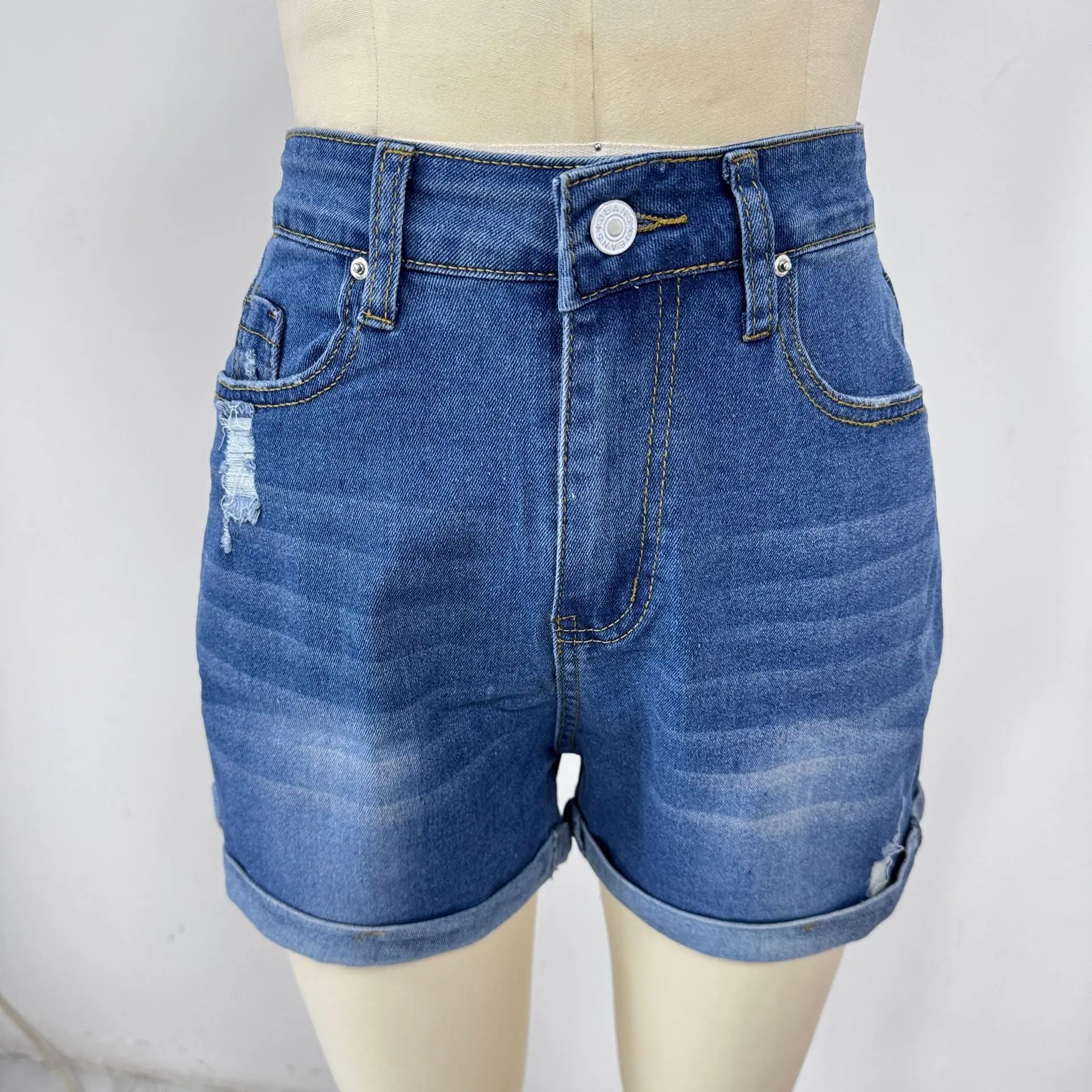กางเกงขาสั้นกางเกงยีนส์ผู้หญิงStreetwear Denimsตรงกางเกงยีนส์กระเป๋าSplicedเอวสูงLady Elegantสั้นกางเกงSkinny