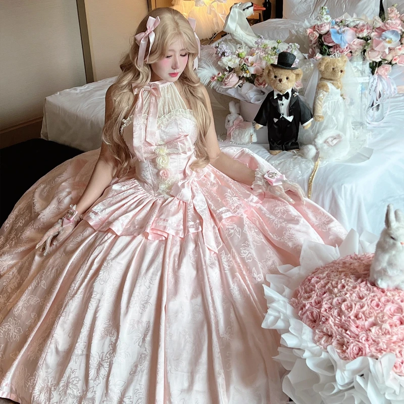 Doce casamento rosa maxi vestido francês elegante doce arco fora do ombro halter princesa noite meninas vestidos de fadas da mulher 2025