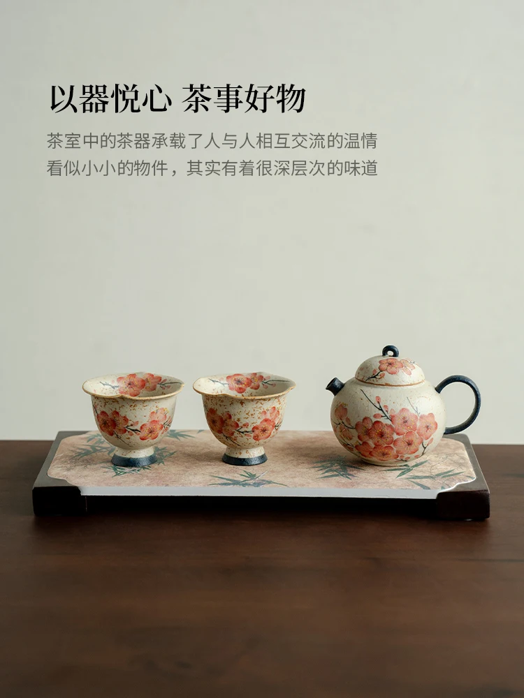 Pure Hand Drawing Plum Teapot Tea Cup Kung Fu Set Home Creative One Pot Two Cups with Dry Pour Tray