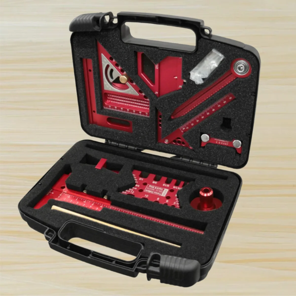 10pcs Woodworking Square Kit with Box, Aluminum Scribeing Ruler,Center Finder,Circular Drawing Compass,Honing Guide,Height Gauge