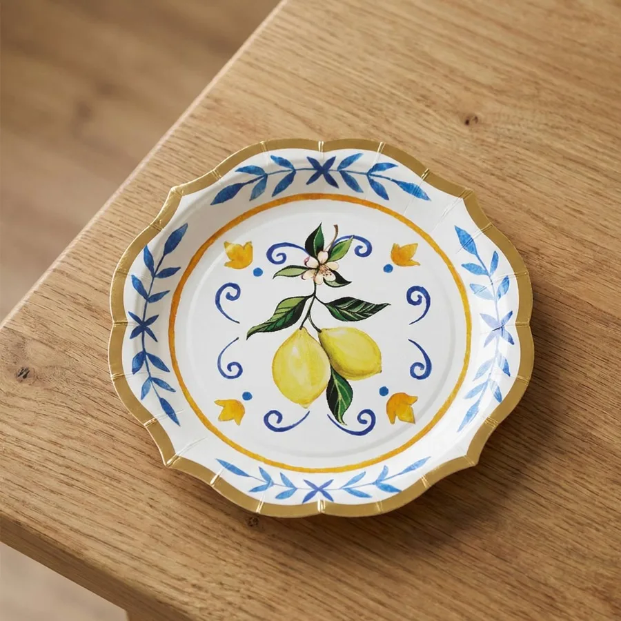 Platos de Papel para Ensalada de 8 Pulgadas, 8 Unidades, Diseño Italiano Verano Limón Capri Blanco/Azul
