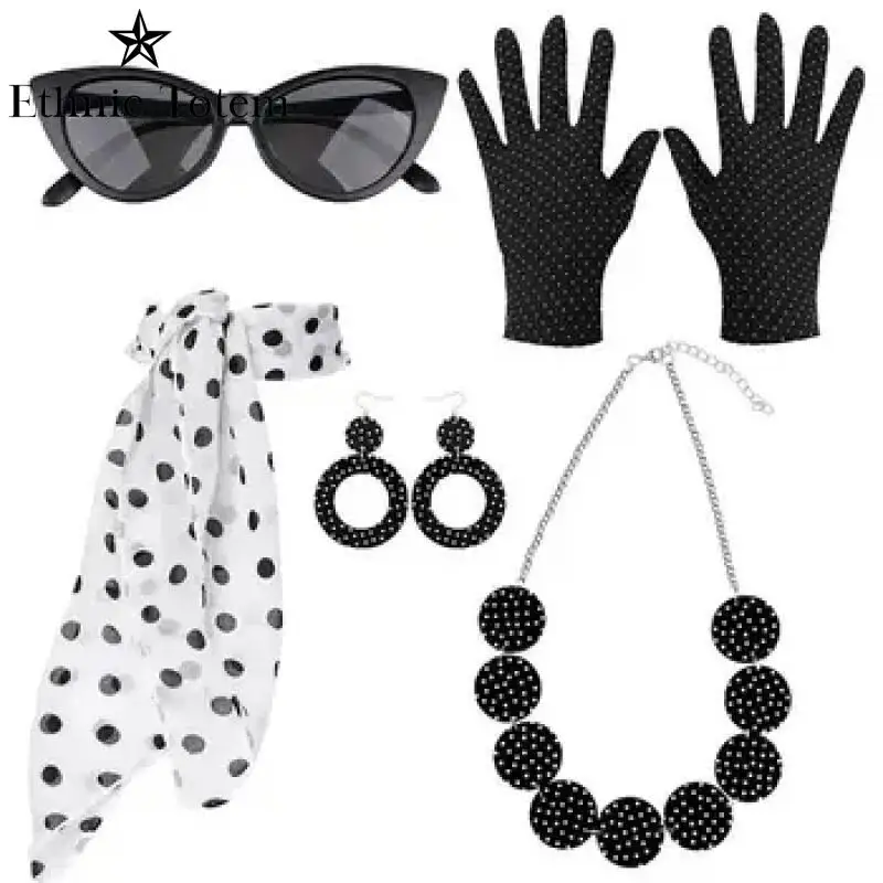 Women 5Pcs 50s 70s Retro Disco Costumes Polka Dot Accessory Sets 1950s Cat Eye Glasses Scarf Earrings Headband Gloves Party Suit