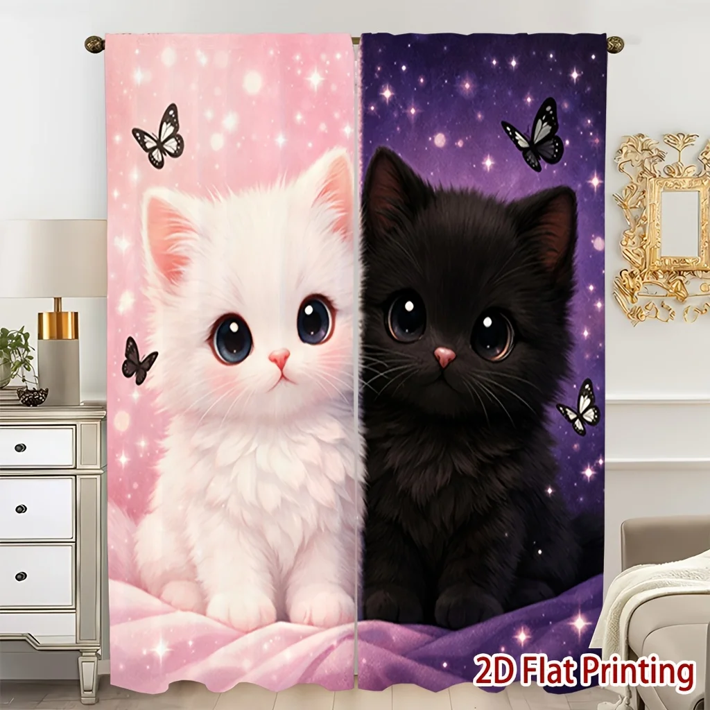 Cute White Black Kitten Window Curtain Starry Sky Butterfly Light Filter Privacy Drape For Bedroom Living Room Homestay Decor