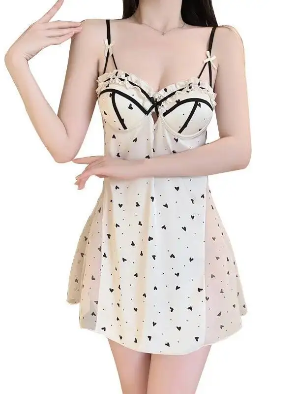 Sweet Lace Print Sheer Backless Heart Printed Dress Strap Deep V Gathered Chest Pad Nightdress Women's Homewear Dress Charm BP6Z