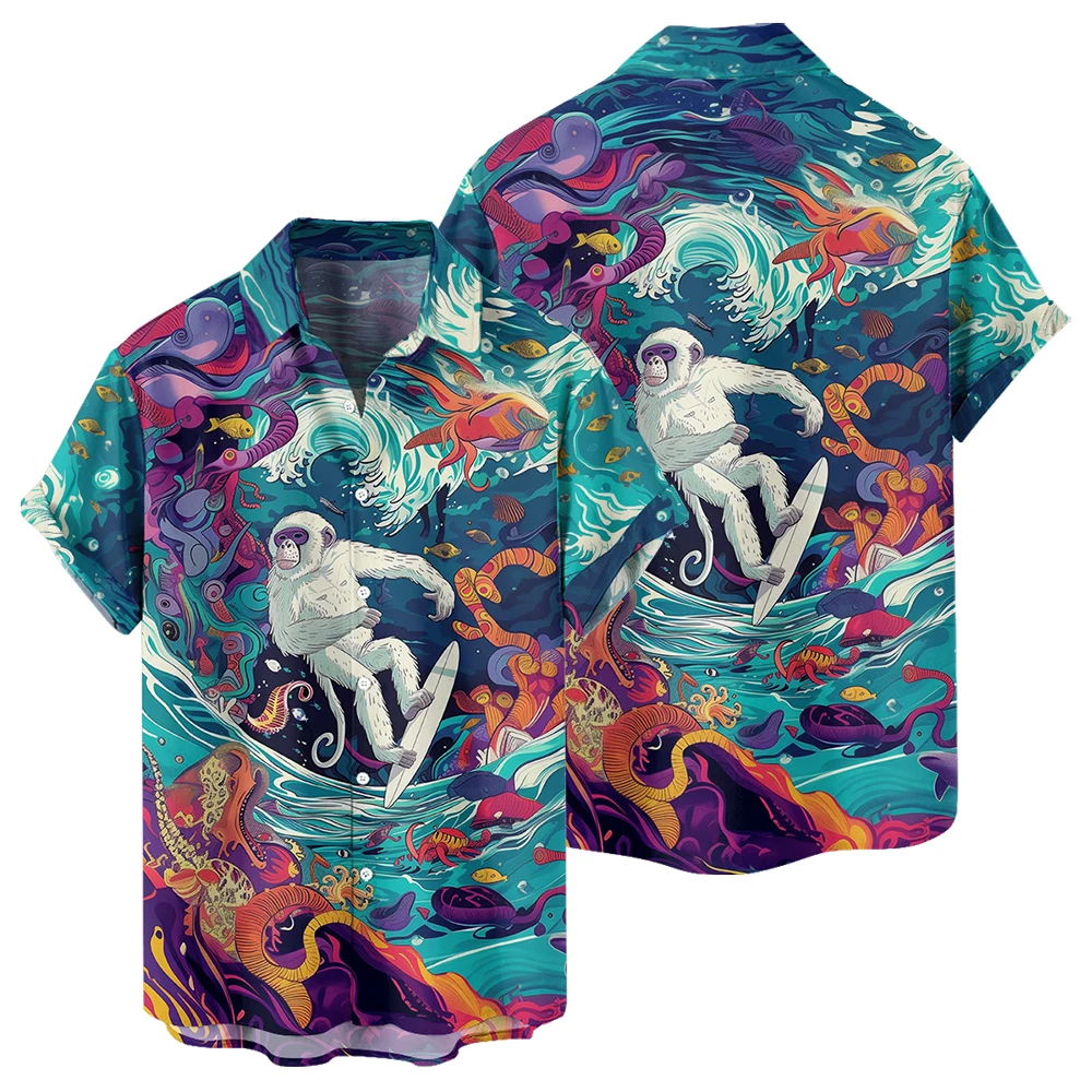 

2024 new Hawaiian beach party abstract animal trend Monkey full body printed graffiti summer short-sleeved shirt