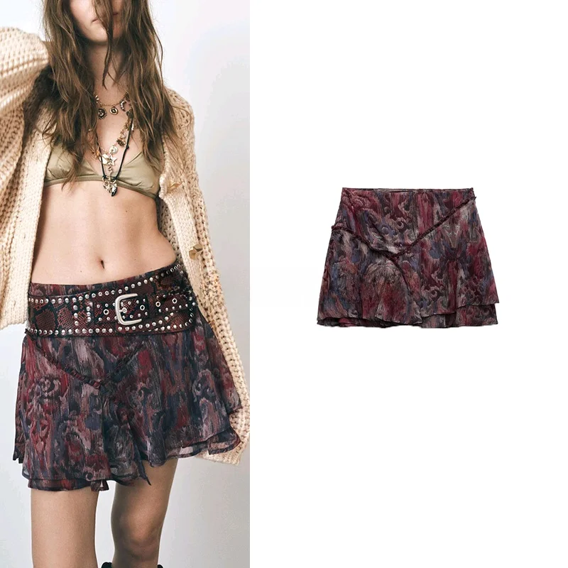 

Spring New Women's Faion High Waist ort Skirt Layered Decoration Metal Color Tead Print A-Line Loose Fit Polyester...