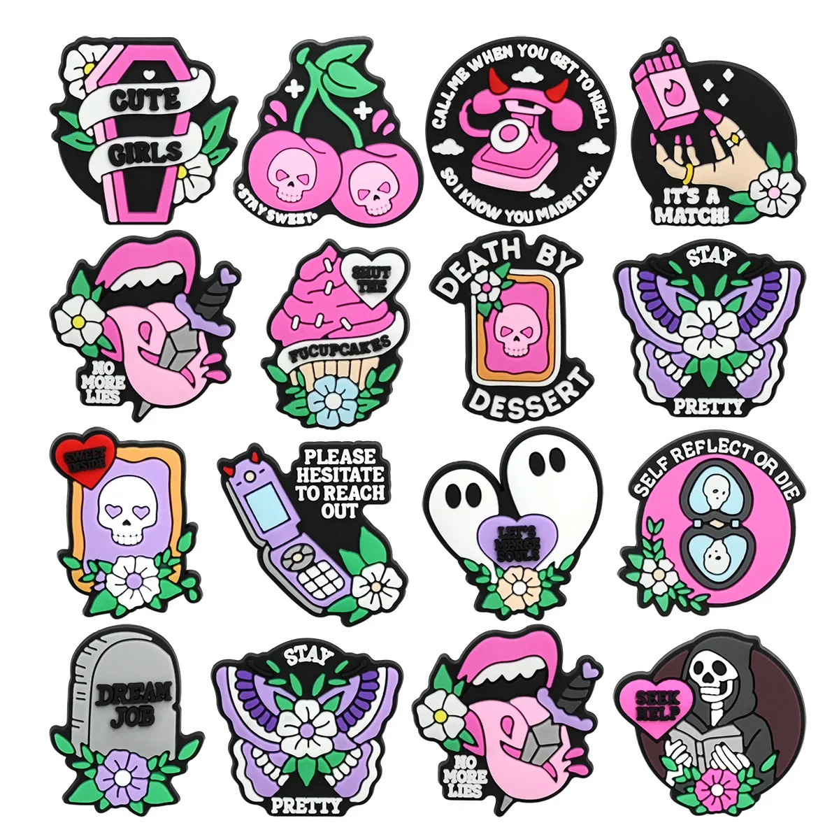 Pastel Gothic Skull Floral Silicone Shoe Charms Spooky Clog Decor Detachable DIY Footwear Ornaments Gift Gothic Aesthetic Fans