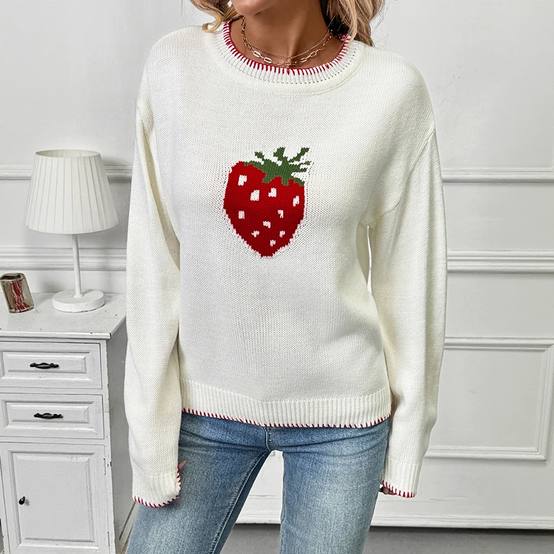 

Women's Cream White Red Strawberry Pattern Crew Neck Red Trim Loose Fit Knit Sweater Long Sleeve Autumn Winter Casual Pullover