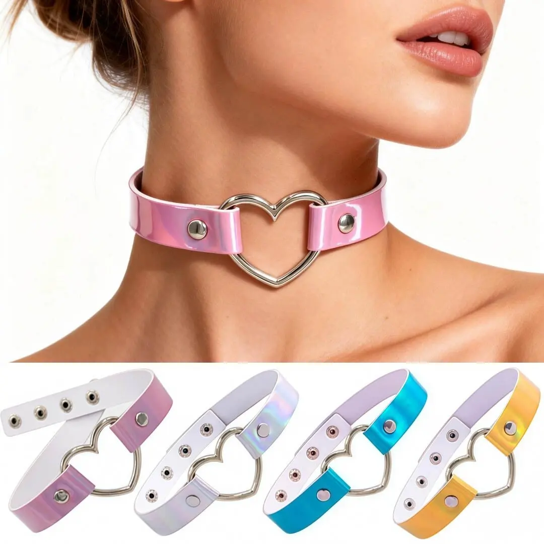 PU Leather Choker Necklace Gift For Women Holographic  Heart Metal Laser Collar Chocker Fashion Jewelry Colorful