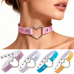PU Leather Choker Necklace Gift For Women Holographic Heart Metal Laser Collar Chocker Fashion Jewelry Colorful