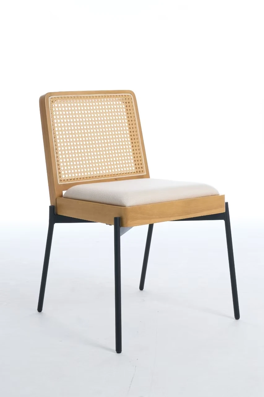 Rattan Backrest Metal Legs Kitchen Chairs Mid-Century Dining Chairs Set of 2, Accent Linen Fabric Side Chairs for Diner