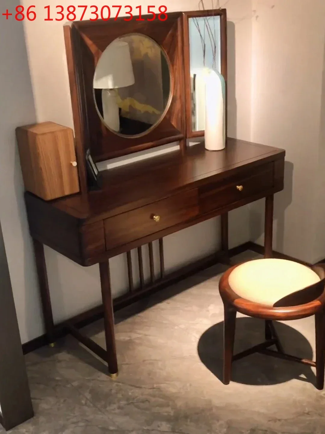 New Chinese Zen Ugyen Wooden Dressing Table Dressing Stool Combination Modern Minimalist Bedroom Makeup Table
