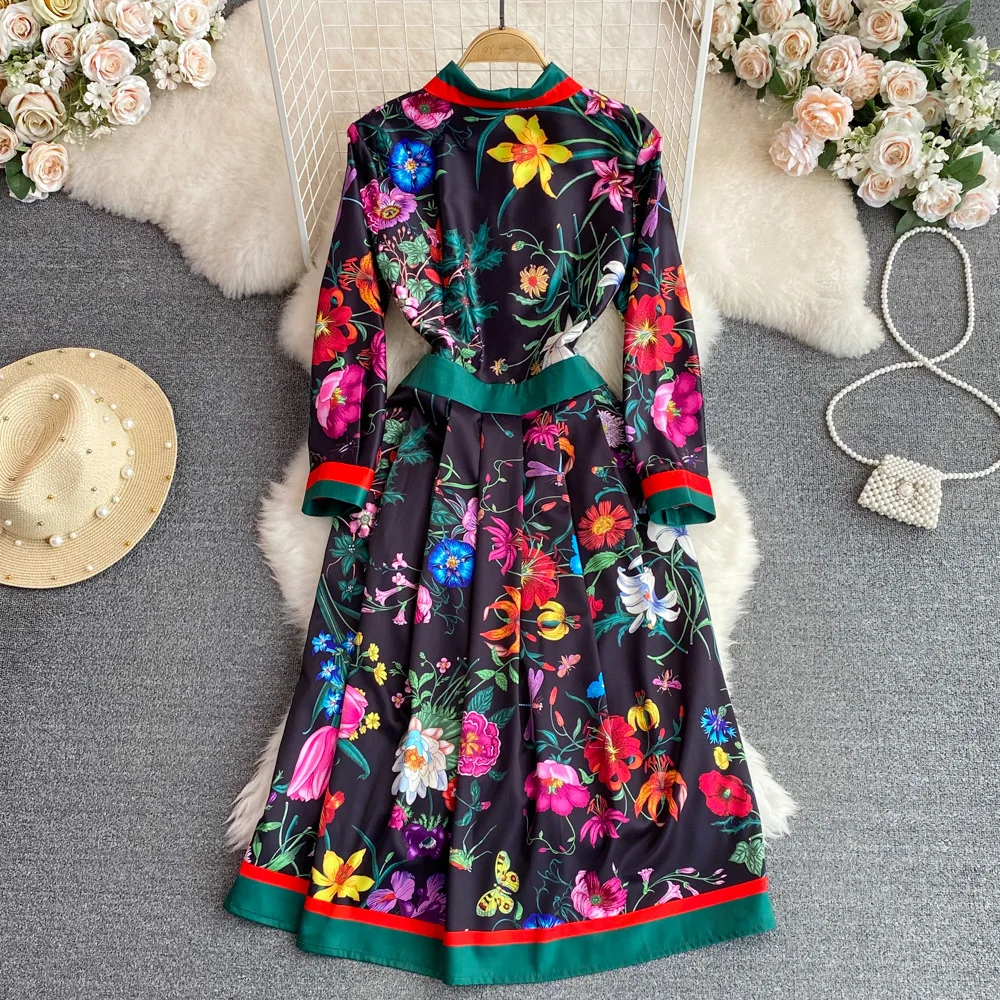 JAMERARY Fashion Runway Red Rose Blue White Porcelain Floral Shirt Dress Women Summer Autumn Long Sleeve Midi Vestidos