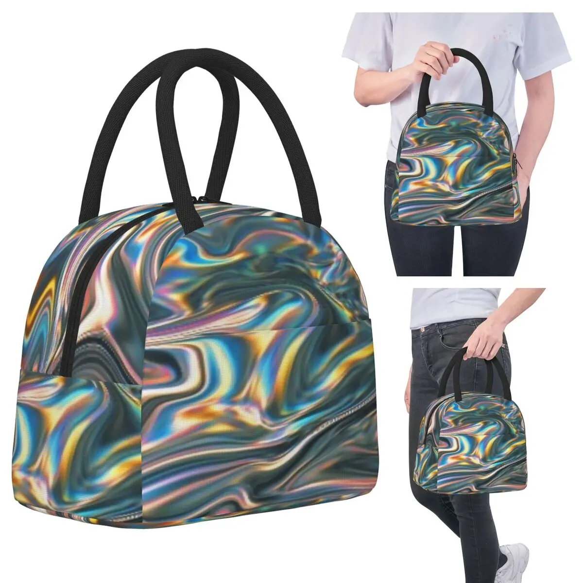 

Holographic Metallic Rainbow Insulated Lunch Bag for Women Office Cooler Thermal Food Box Tote Portable Lunch Boxes Container