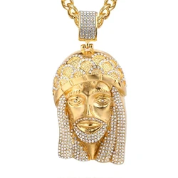Hip Hop Iced Out Big Jesus Head Pendant Necklaces Male Gold Color Stainless Steel Christian Necklace For Men Jewelry Gift