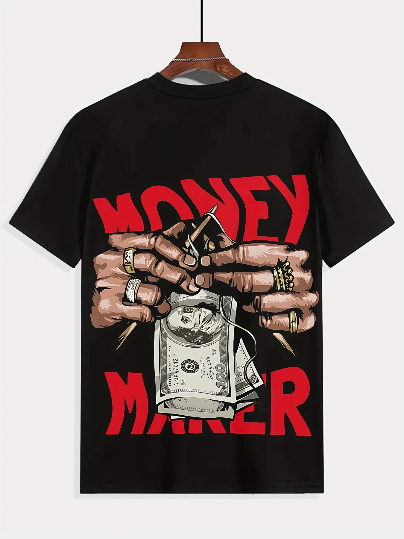 

Men's "Money Maker" Graphic Tee - Bold Black with Red & White Print Casual Summer Short Sleeve T-Shirt Comfortable Polyester