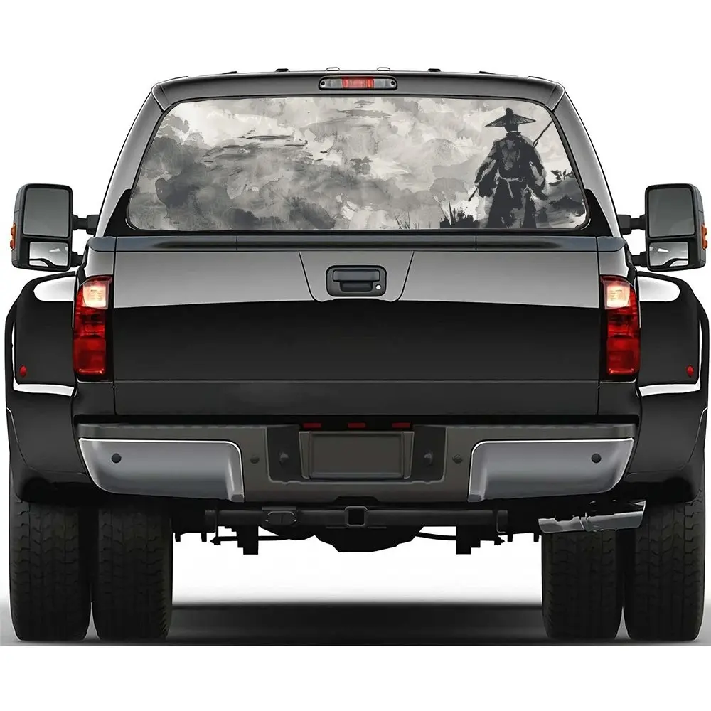 

Japanese Black Samurai Print Car Rear Windshield Sticker Truck Window See Through Perforated Back Window Vinyl Decal Decoration