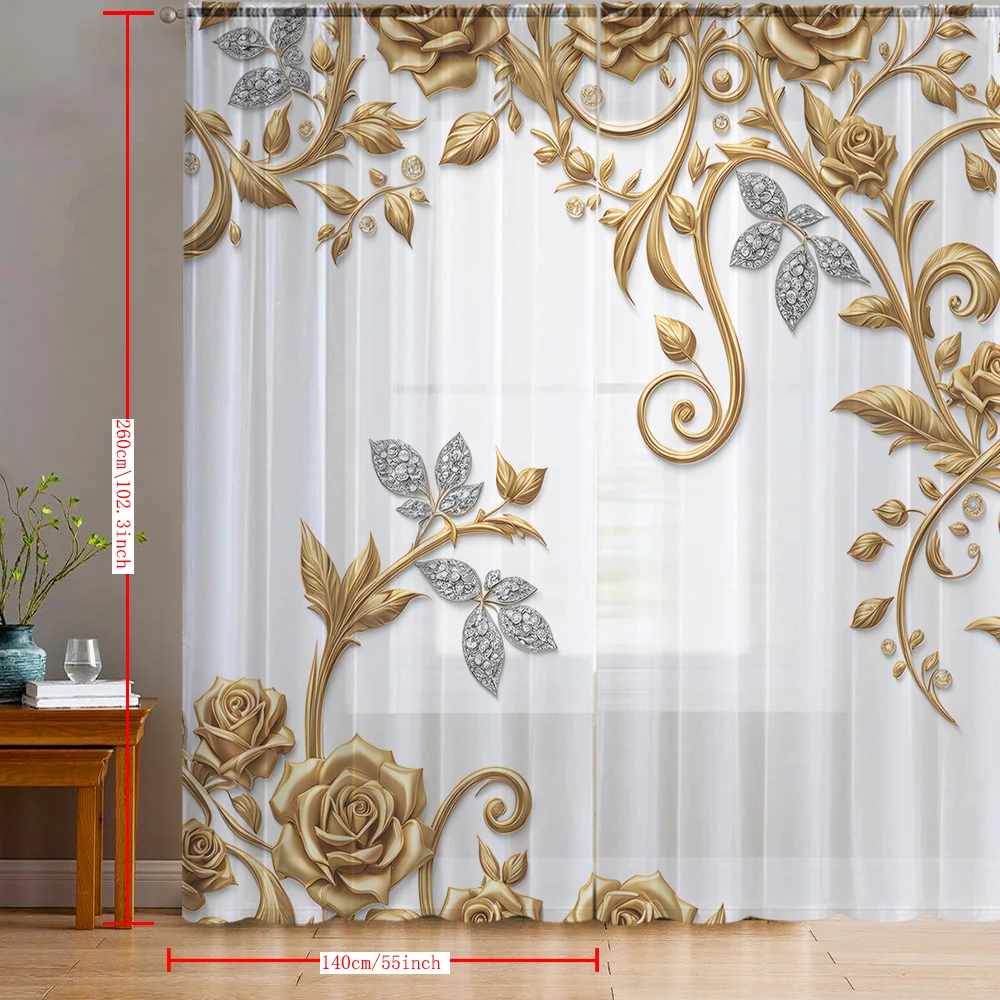 2PCS Home decoration gold floral diamond printed window screens with pole bags, suitable for kitchens, cafes, and living rooms