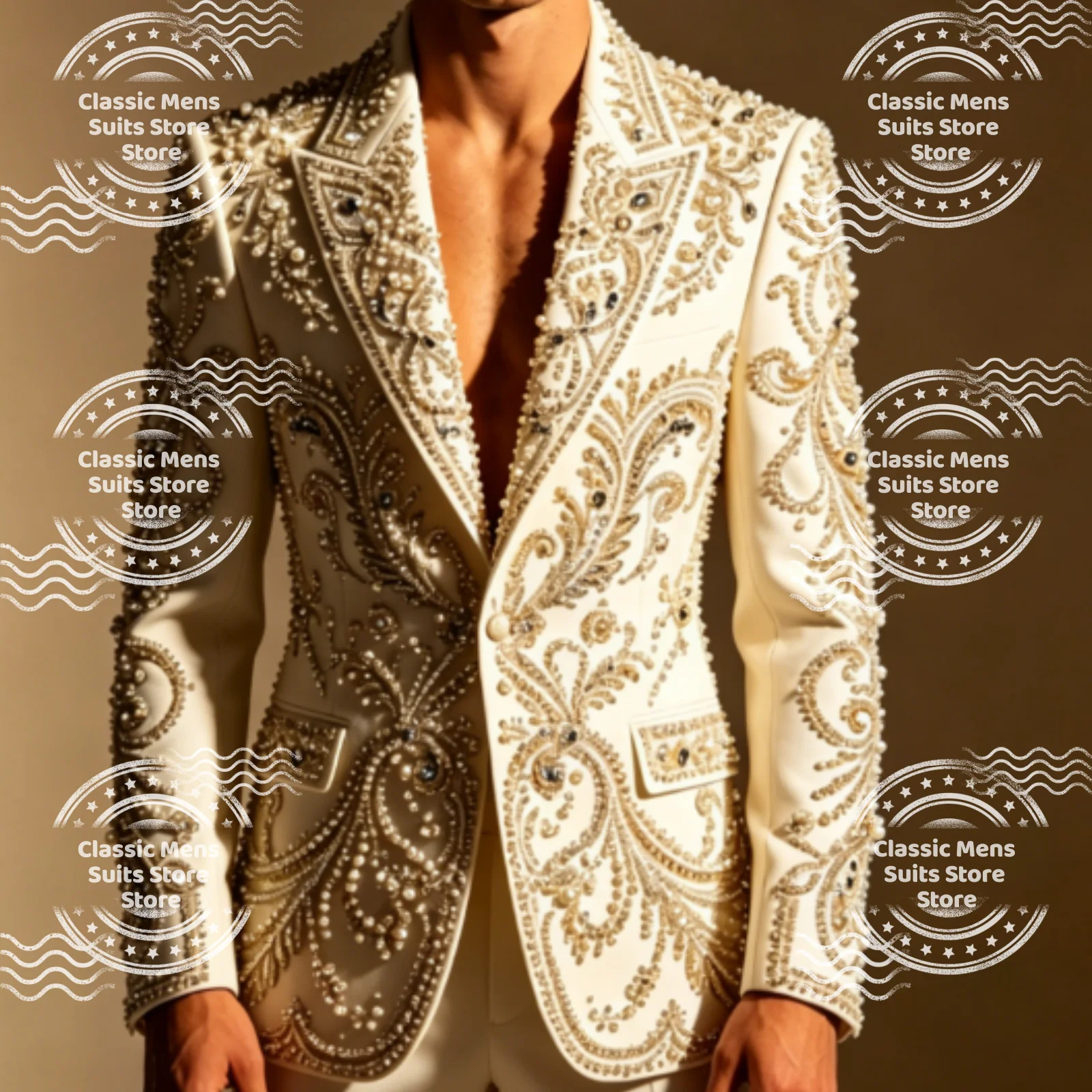 

Customized Beaded Crystal Men Suits 2 Pieces Sets Male Party Blazers Intricate Groom Wedding Tuxedos Slim Gem trajes para hombre