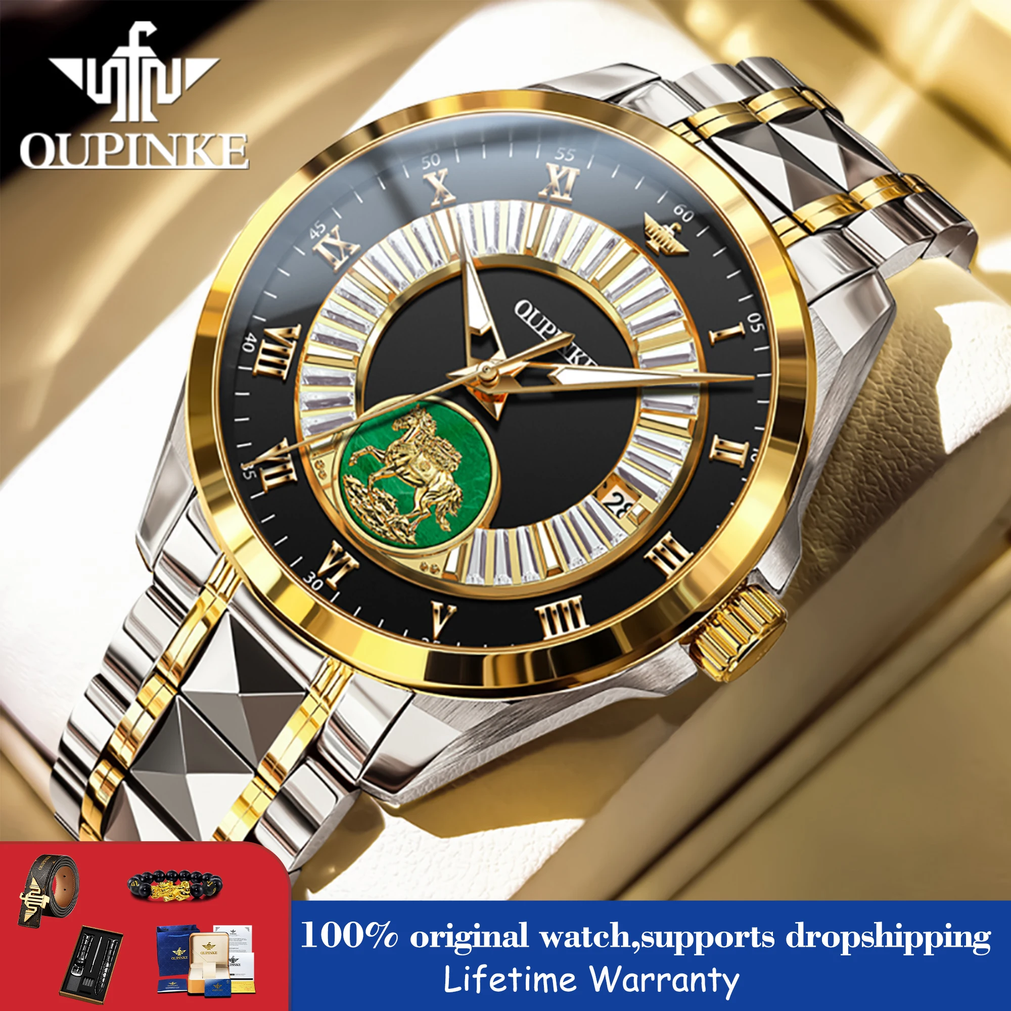 

Автоматические механические часы OUPINKE с датой для мужчин, водонепроницаемые, из вольфрамовой стали, элитный бренд, чистое золото 3320 Reloj
