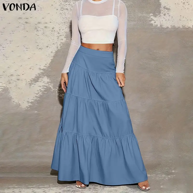Vonda elegante escritório maxi saias femininas cintura elástica jupes faldas saia moda casual solto babados bolo saias longas overskirts
