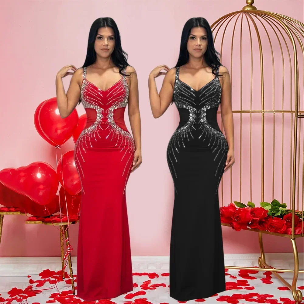 

Fall Diamonds Hot Rhinestones V-neck Women Strap Sleeveless Bodycon Long Dress Birthday Party Evening Prom Maxi Dresses