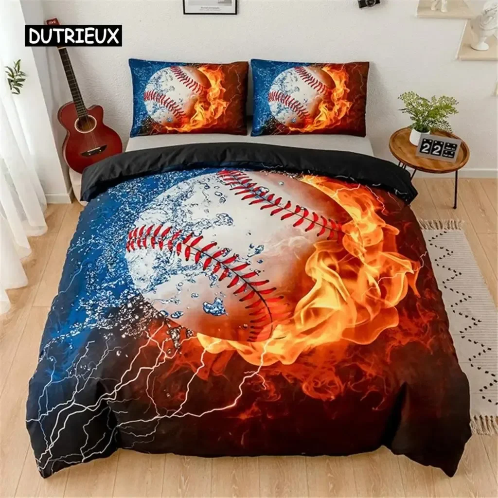 

3D Sports Baseball Duvet Cover Sports Games Theme Ball Bedding Set Golden Flame Polyester Comforter Cover Full Size Kids Boys