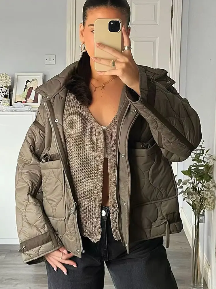 HH 2024 Zimowy Damski Płaszcz Casualowy z Bawełny, Długie Rękawy, Kieszenie ze Sznurkiem, Wysoki Kołnierz, Odzież Wierzchnia, Modne Płaszcze Damskie